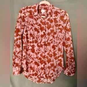 a new day Semi Sheer Pink and Rust Floral Button Down Blouse ~ XS